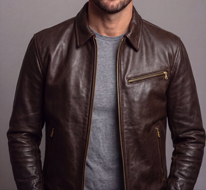 BECK® 777 Northeaster Flying Togs Brown Genuine Horsehide Motorcycle Jacket shown worn to show fit and styling