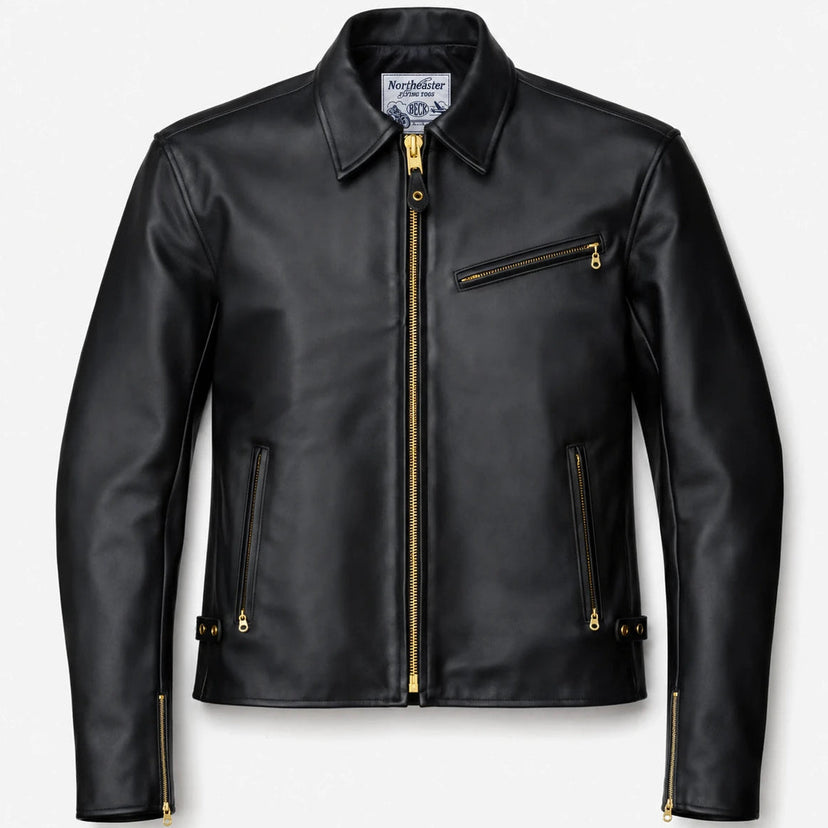 BECK® 777 Northeaster Flying Togs Black Genuine Horsehide Motorcycle Jacket front view showing the black horsehide
