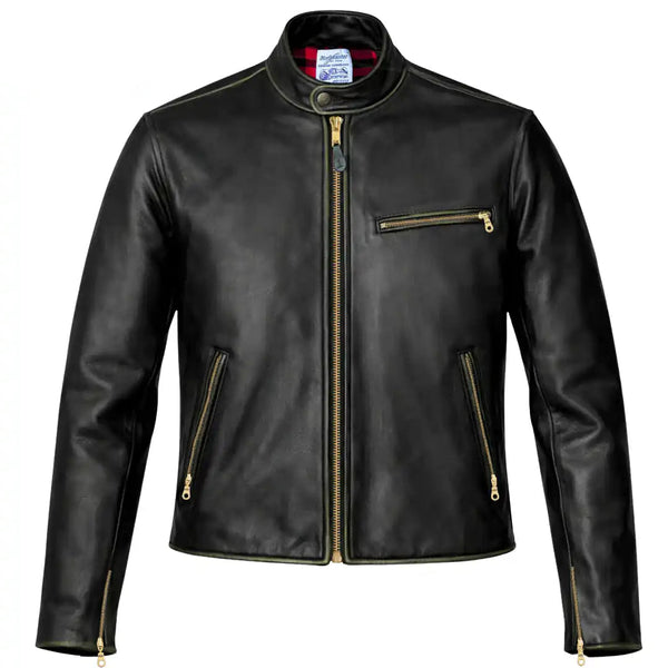 Front view showing BECK distressed horsehide leather motorcycle jacket, displayed flat for product detail