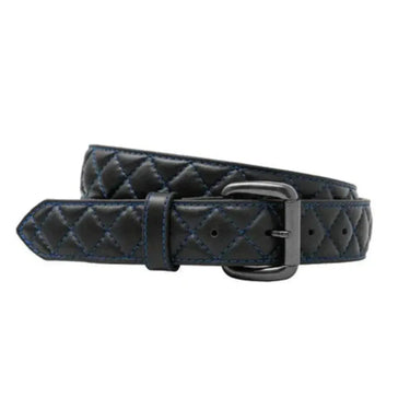 Black diamond-stitched leather belt with blue thread and classic buckle, Made in USA