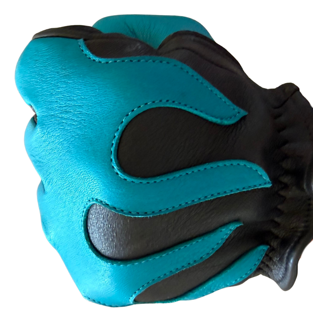 Legendary 'Spitfire' Black/Neon Blue Flame Deerskin Short Wrist Touchscreen Motorcycle Gloves