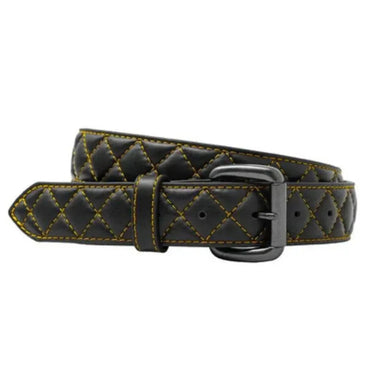 Black cowhide leather belt with yellow diamond stitching and antique-style buckle, Made in USA