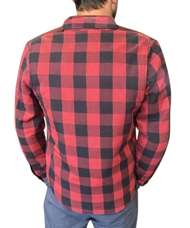 Detail view of Bohn Kevlar Men's Flannel Riding Shirt - Red + Black, highlighting construction detail