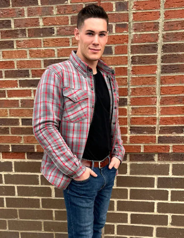 Open view of Bohn Kevlar Men's Flannel Riding Shirt - Red + Grey Plaid, highlighting construction detail