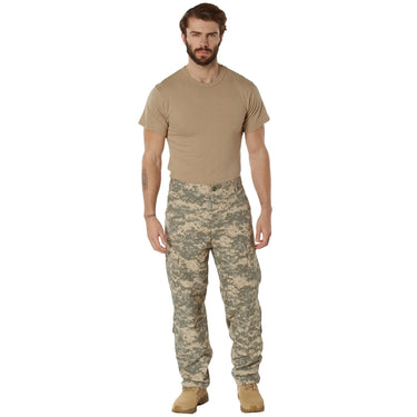 Close-up showing Rothco camo tactical pants, highlighting stitching and material grain