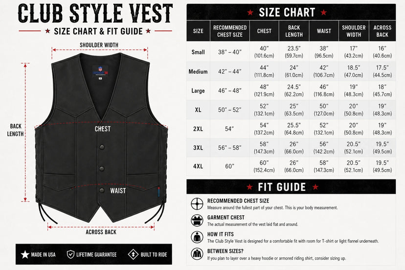 Size chart for the Legendary Men's Leather Club Motorcycle Vest with body measurements to help find your fit made in USA