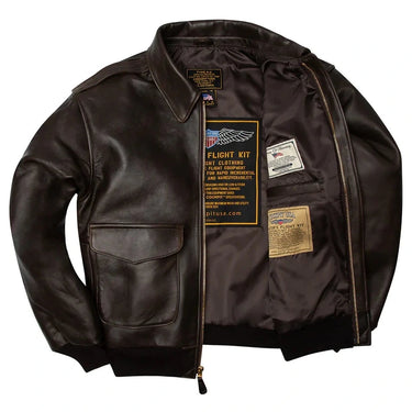 Alternate open view of Cockpit USA Men's 100 Mission A-2 flight jacket showing interior tags and lining