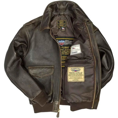 Alternate open view of Cockpit USA Men's 100 Mission A-2 flight jacket showing interior tags and lining
