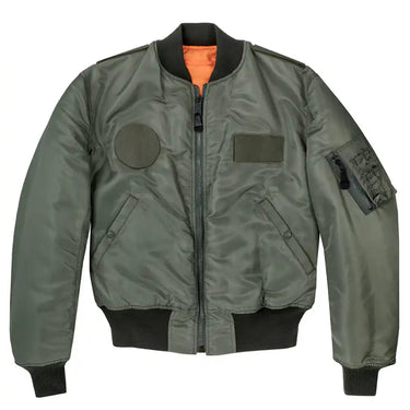 Front view of Cockpit USA Airstrike MA-1 Nylon Flight Jacket in sage green with Velcro patch areas and utility sleeve pocket