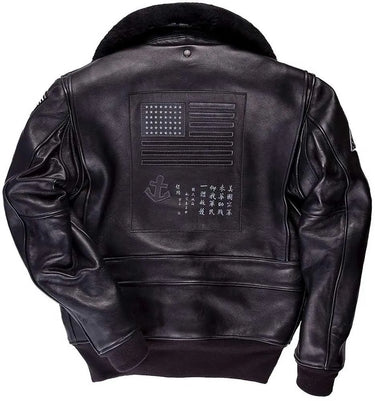 Back view of Cockpit USA Men's Stealth G-1 Jacket featuring tonal American flag and Chinese translation panel