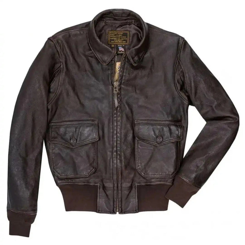Front view of Cockpit USA Men's US Navy Carrier Pilot Leather Flight Jacket in dark brown