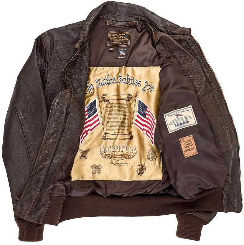 Close-up of alternate patriotic interior embroidery inside Cockpit USA Men's Carrier Pilot Jacket