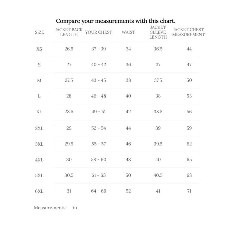 Sizing chart for Cockpit USA Men's G-1 Calfskin Leather Flight Jacket
