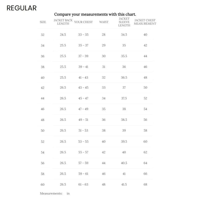 Size chart for Cockpit USA Men's Horsehide A-2 leather jacket with chest, sleeve, and back measurements