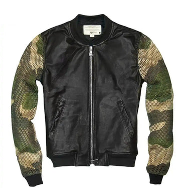 Front view of Cockpit USA Hot Stuff Women’s Bomber Jacket featuring camo mesh sleeves and black lambskin body