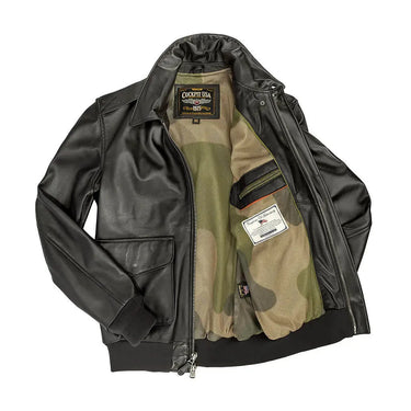 Interior view of the A-2 jacket showing camouflage mesh lining and official Cockpit USA label