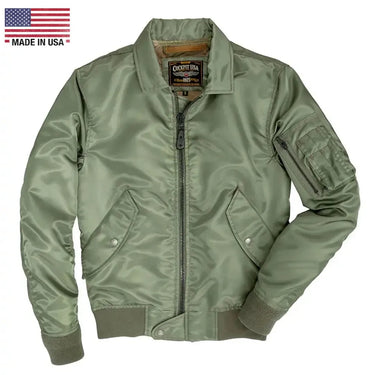 Cockpit USA M-86 Flight Bomber Jacket in sage green, front view showing angled pockets and zip sleeve pocket.