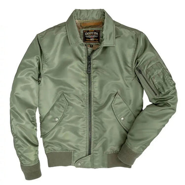 Cockpit USA M-86 Flight Bomber Jacket in sage green, front view showing angled pockets and zip sleeve pocket.