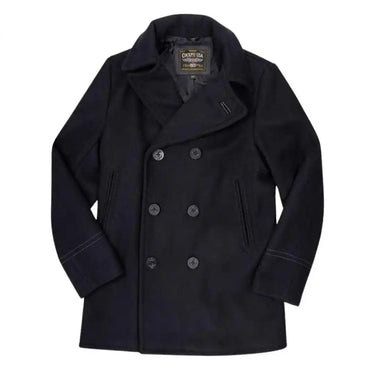 Front view of the Cockpit USA Men's Admiral USN Peacoat featuring double-breasted design and Made in USA label.