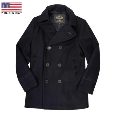Front view of the Cockpit USA Men's Admiral USN Peacoat featuring double-breasted design and Made in USA label.