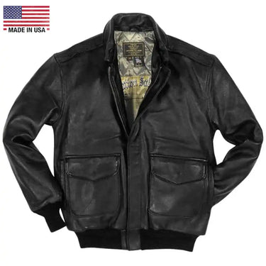 Front view of Cockpit USA Men's Antique Lambskin Leather A-2 Flight Jacket in black
