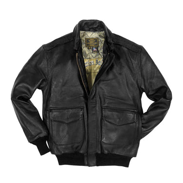 Front view of Cockpit USA Men's Antique Lambskin Leather A-2 Flight Jacket in black