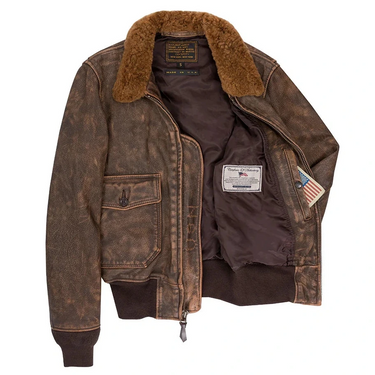 Front open view of the Cockpit USA men's Avenger vintage G-1 leather flight jacket