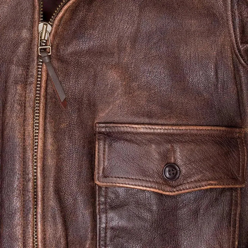 Front pocket of the Cockpit USA men's Avenger vintage G-1 leather flight jacket