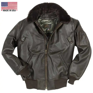 Front view of Cockpit USA Men's B-15 Cowhide Flight Jacket in brown with shearling collar