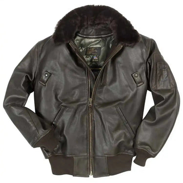Front view of Cockpit USA Men's B-15 Cowhide Flight Jacket in brown with shearling collar