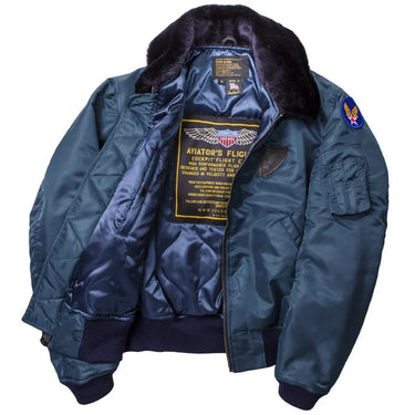 Cockpit USA Men's B-15 nylon bomber jacket opened to show inside lining and labels