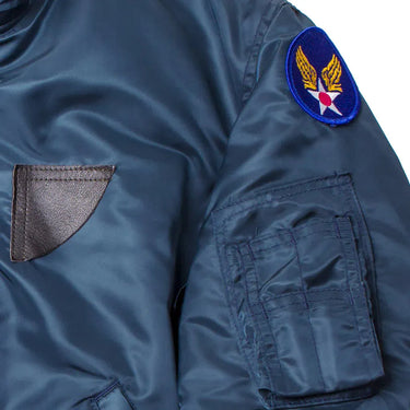 Cockpit USA Men's B-15 bomber jacket close-up of sleeve with pen pocket and patch