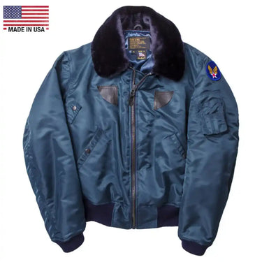 Cockpit USA Men's B-15 nylon bomber jacket in air force blue with patch, front view