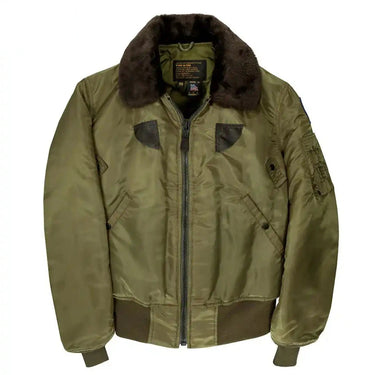 Cockpit USA Men's B-15 nylon bomber jacket in sage green with fur collar, front view