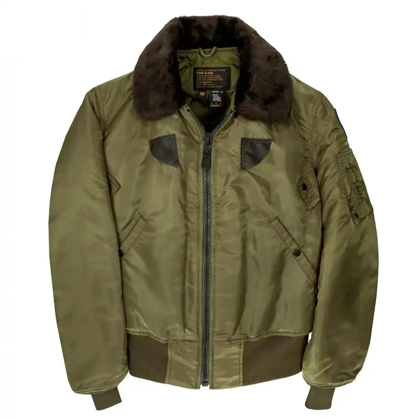 Cockpit USA Men's B-15 nylon bomber jacket in sage green with fur collar, front view