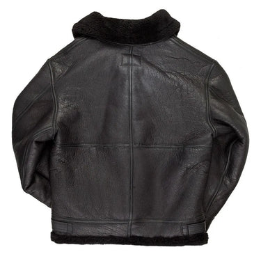 Back view of the Cockpit USA Black B-3 Hooded Sheepskin Bomber Jacket showing shearling collar and panel construction.