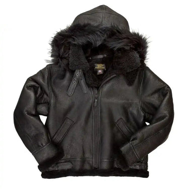 Front view of the Cockpit USA Black B-3 Hooded Sheepskin Bomber Jacket with fur trim and made in USA label.