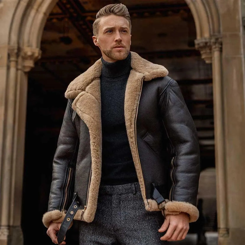Cockpit USA Men's British R.A.F. Sheepskin Bomber Jacket shown worn to show fit and styling made in USA — view — view 9 of 12