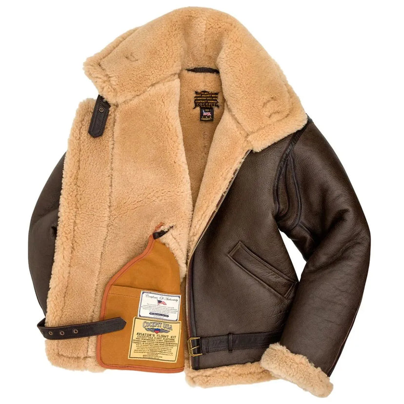 Partially open view of a Cockpit USA men's British RAF sheepskin bomber jacket, made in USA