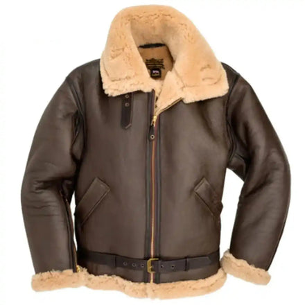 View of a zippered Cockpit USA men's British RAF sheepskin bomber jacket, made in USA