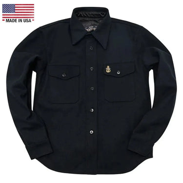 Front view of Cockpit USA Men’s CPO Shirt in navy wool blend with flap pockets and USN pin