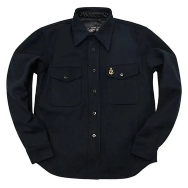 Front view of Cockpit USA Men’s CPO Shirt in navy wool blend with flap pockets and USN pin