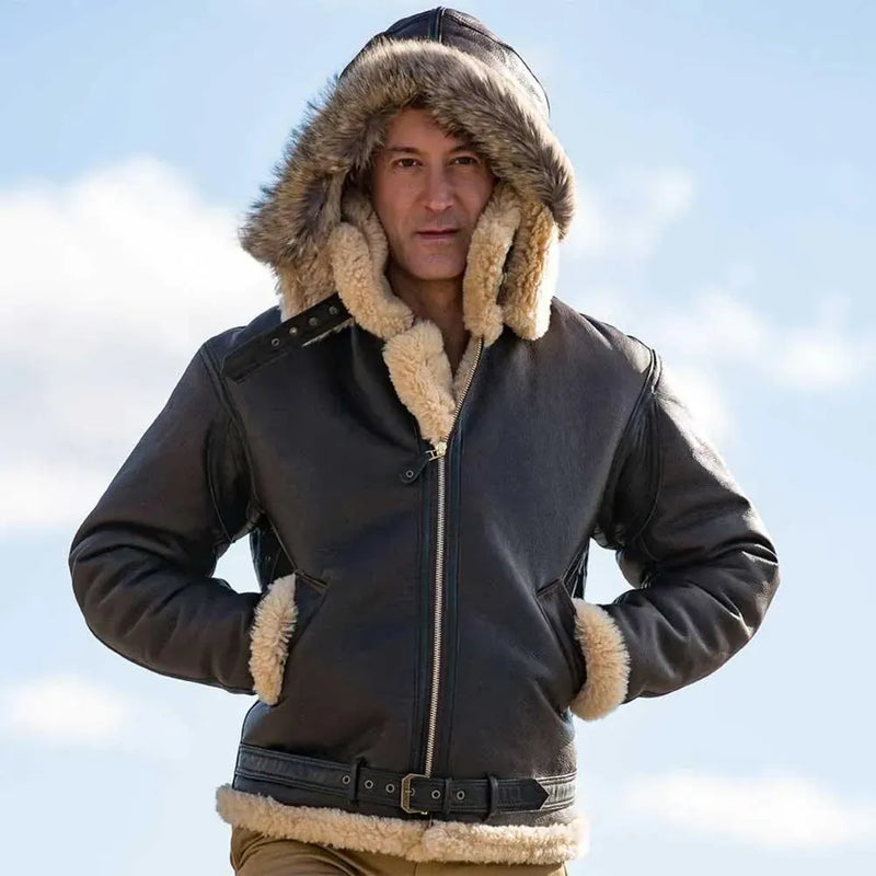 Model wearing Cockpit USA Men's Dunkirk RAF Bomber Jacket with hood up