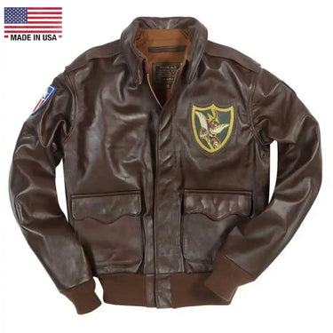 Front view of Cockpit USA Men's Flying Tigers Horsehide A-2 Flight Jacket with embroidered chest patch