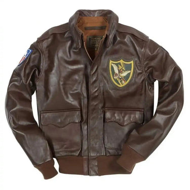Front view of Cockpit USA Men's Flying Tigers Horsehide A-2 Flight Jacket with embroidered chest patch