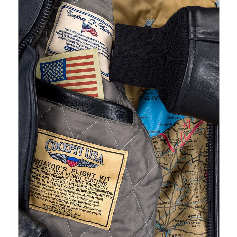 Inside lining view of Cockpit USA men's G-1 antique lambskin leather flight jacket