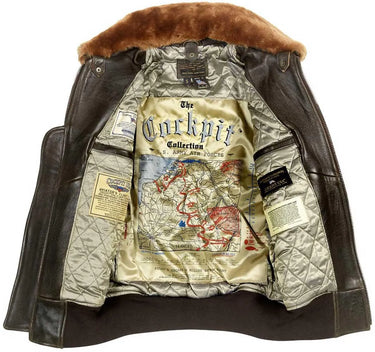 View of the inside of a brown Cockpit USA men's G-1 antique lambskin leather flight jacket