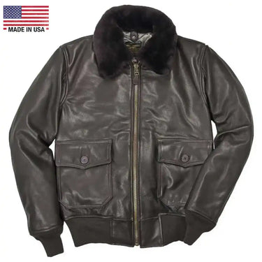Front view of Cockpit USA Men's G-1 Calfskin Leather Flight Jacket showing button-flap pockets and fur collar
