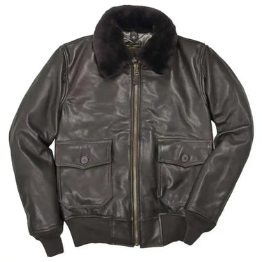 Front view of Cockpit USA Men's G-1 Calfskin Leather Flight Jacket showing button-flap pockets and fur collar