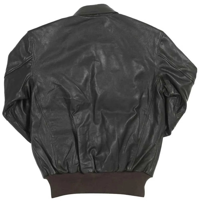 Back view displaying the gathered waistband and smooth goatskin leather construction.